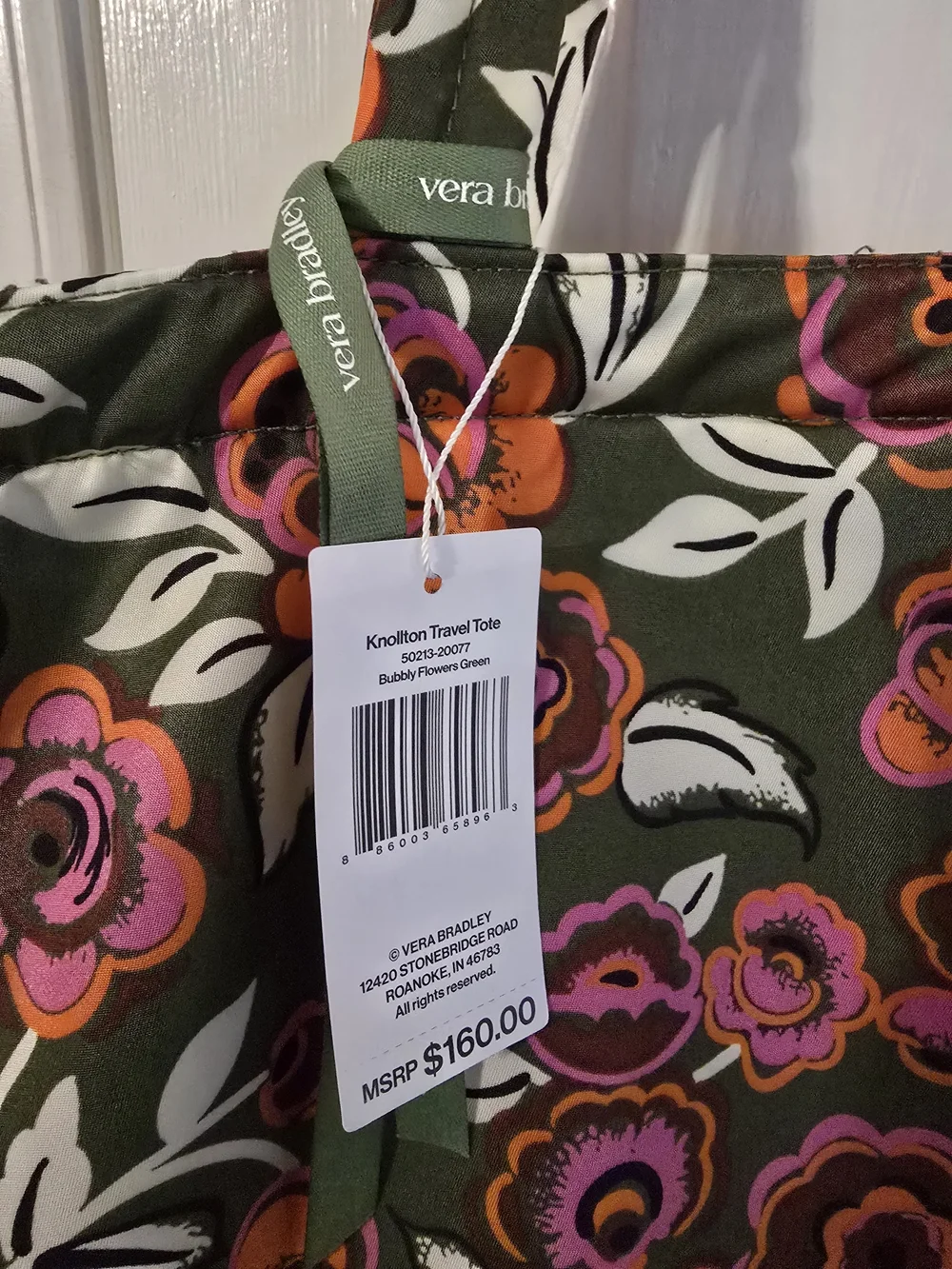 Vera Bradley Knollton Travel Tote -Olive Tote with Pink & Orange Floral Print